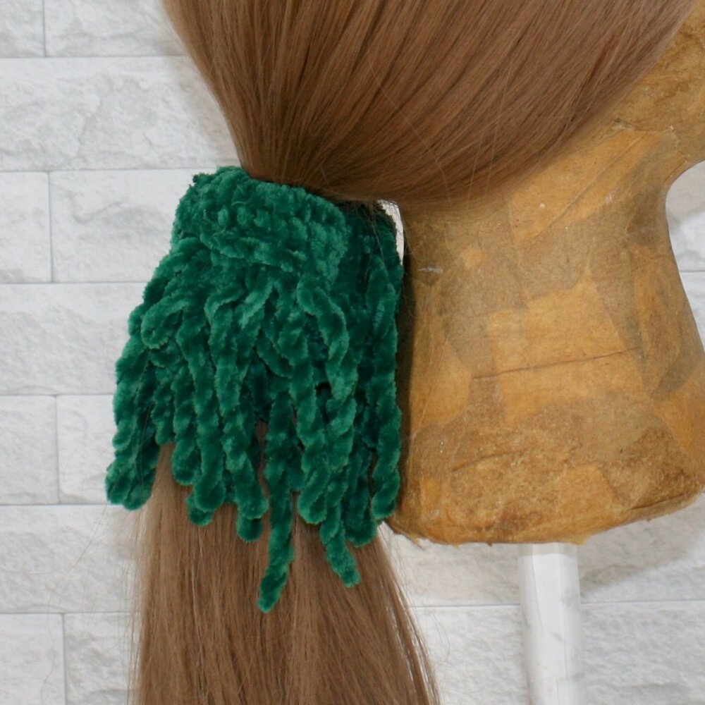 HAND CRAFTED Hair Scrunchie Fringe Crochet Kids Chenille Velvet Oversized Green